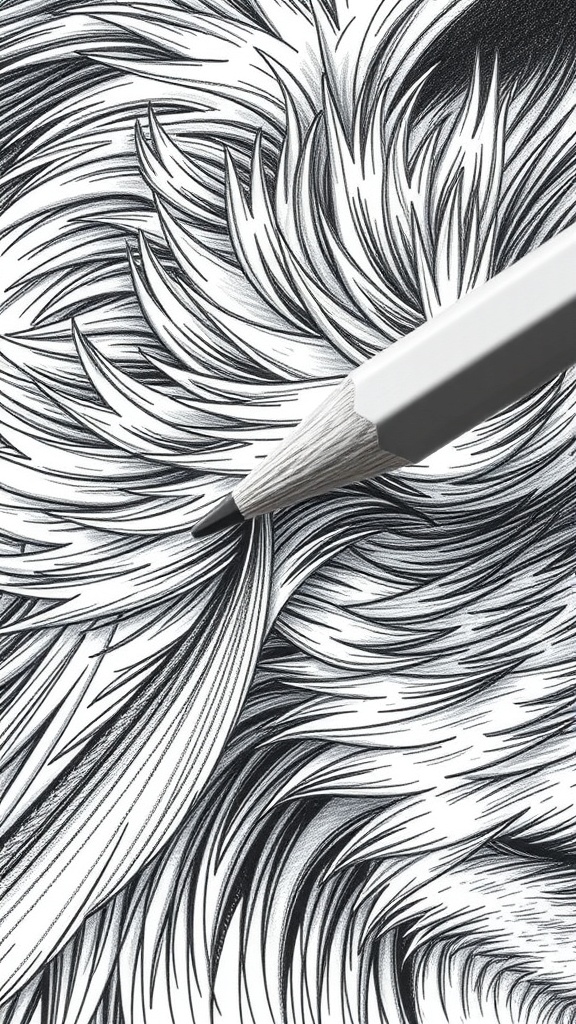 Close-up of a drawing showing detailed fur texture with a pencil.
