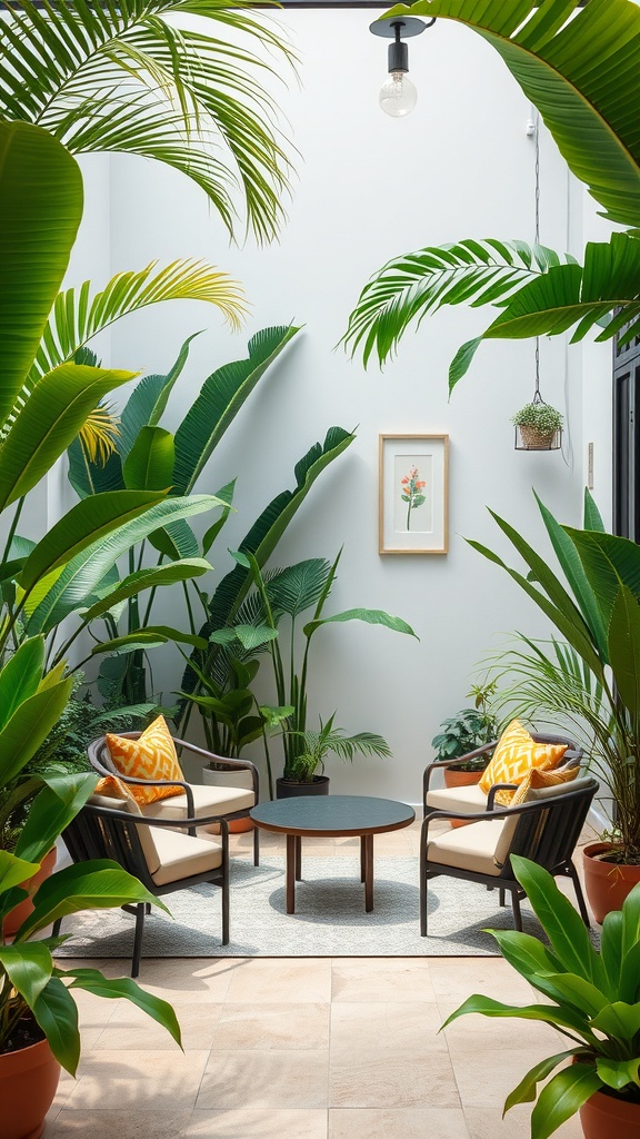 Cozy outdoor seating area surrounded by tropical plants