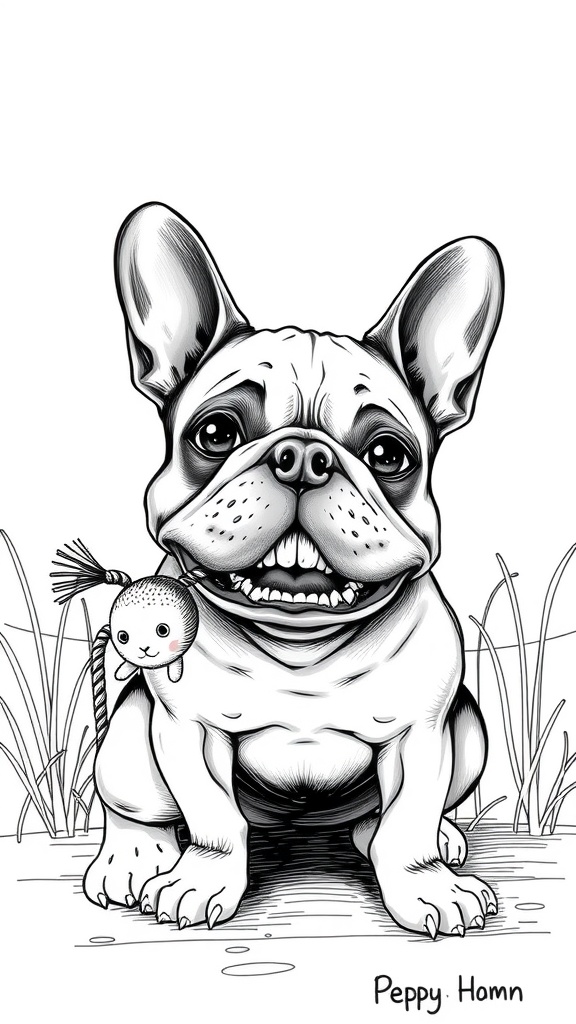 Illustration of a smiling French Bulldog holding a toy