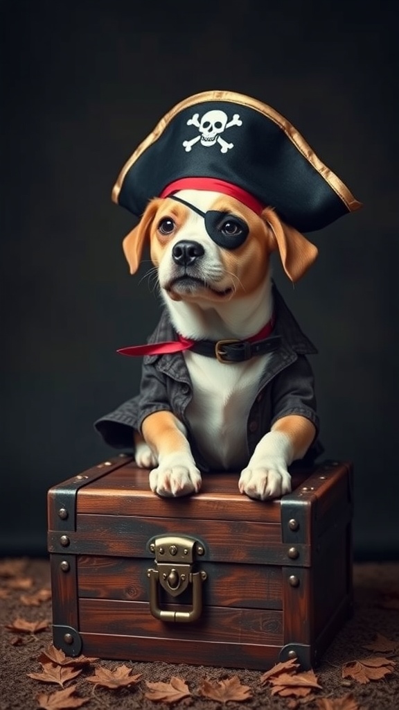 A dog dressed in a pirate costume with a hat and eye patch, sitting on a treasure chest.