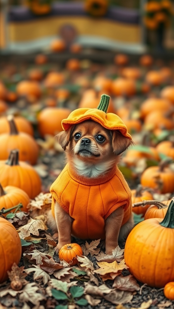 A small dog wearing a pumpkin costume, sitting among pumpkins and autumn leaves.