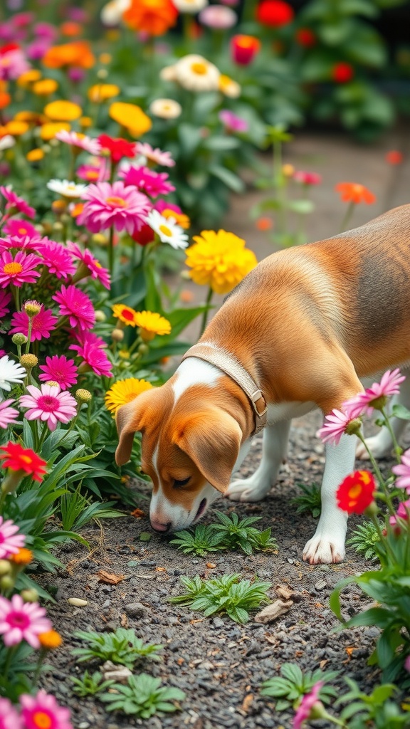 A dog sniffing the ground in a colorful flower garden.