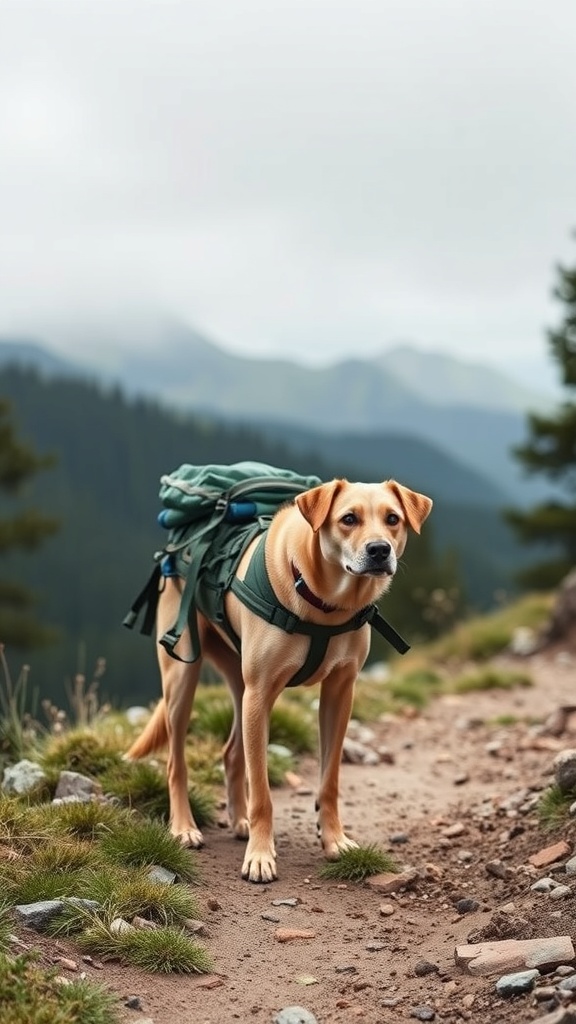 A dog with a backpack standing on a trail surrounded by mountains.