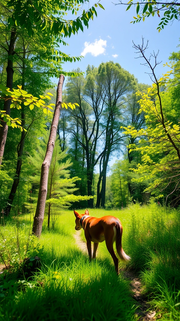 A dog walking along a green path in a sunny forest.