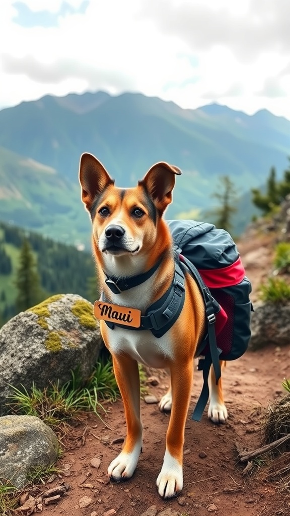 A dog named Maui with a backpack standing on a trail with mountains in the background.