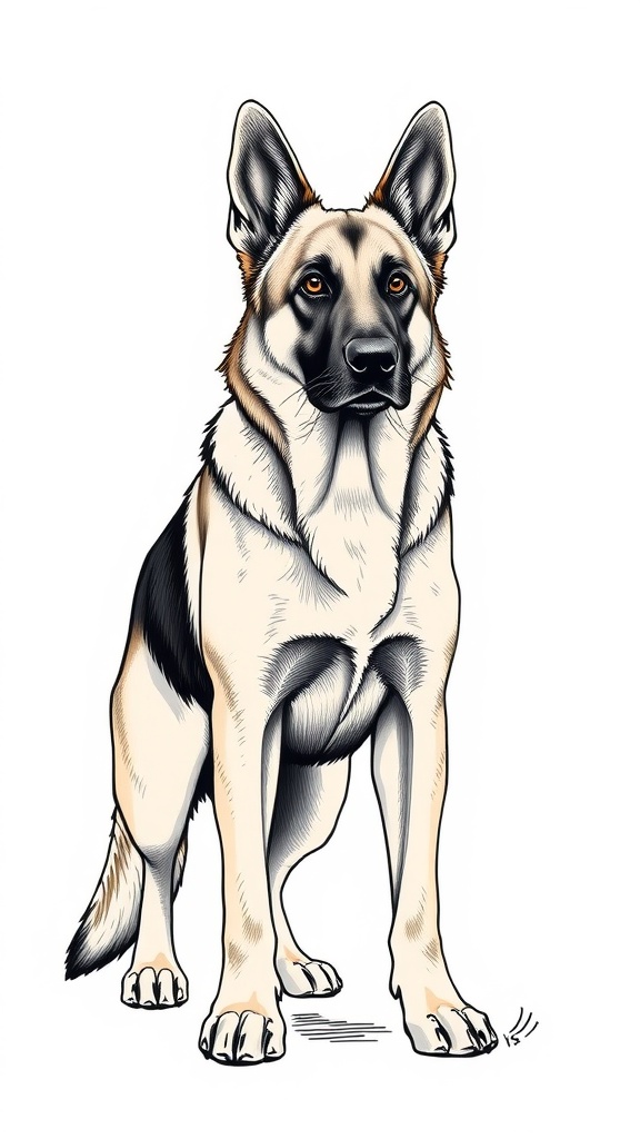 A detailed illustration of an alert German Shepherd in a standing pose.