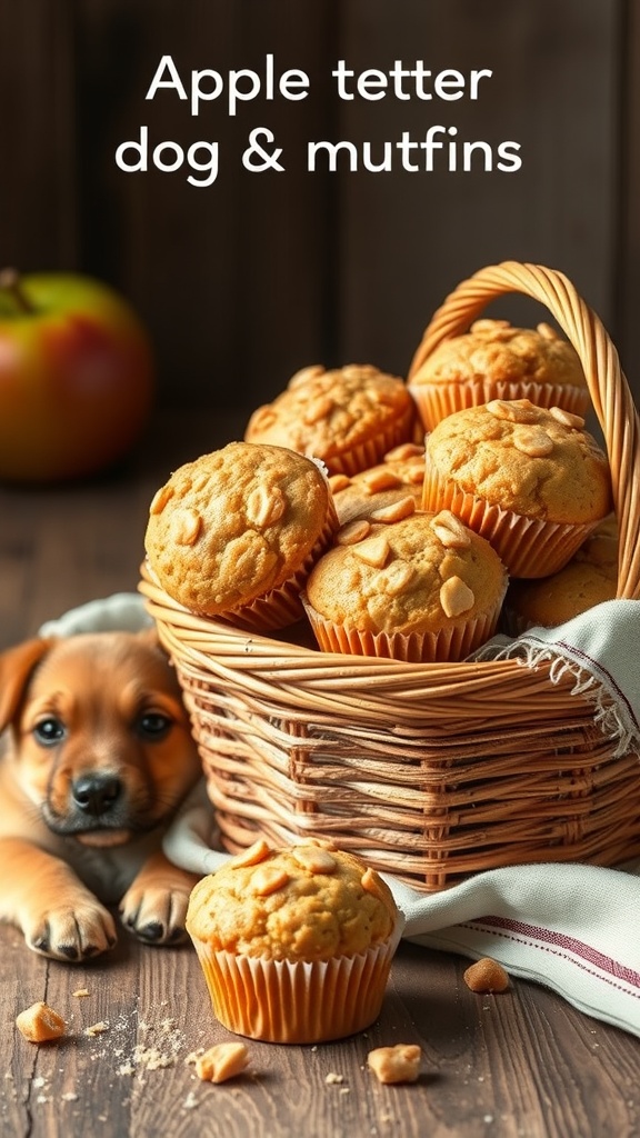 A basket of apple and cheddar dog muffins with a puppy looking on eagerly.