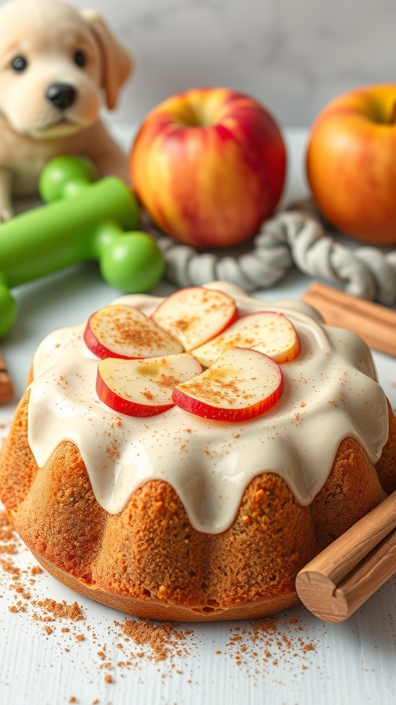 A delicious apple cinnamon dog cake decorated with apple slices, surrounded by apples and a puppy toy.