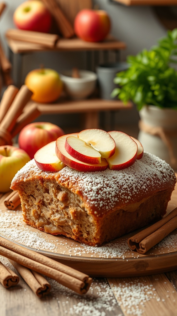 A delicious apple cinnamon dog cake topped with fresh apple slices and surrounded by apples and cinnamon sticks.