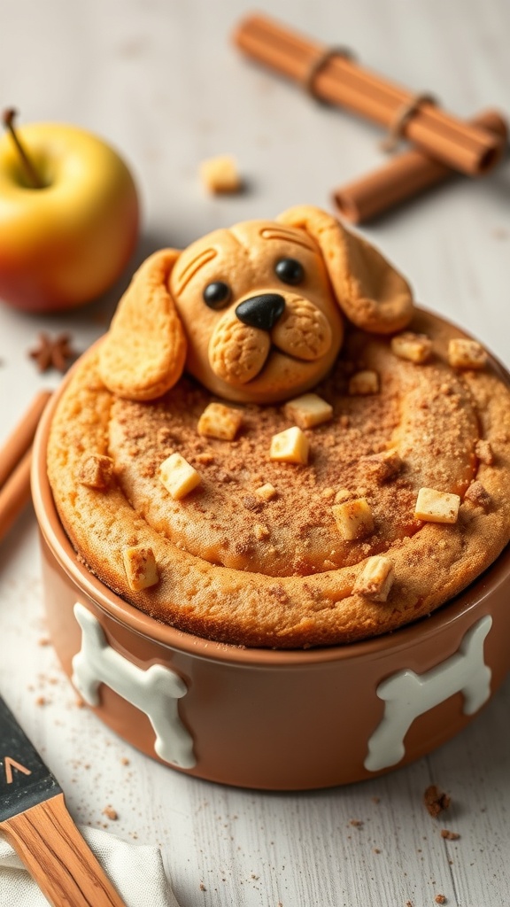A dog-shaped cake with apple and cinnamon, decorated with a cute dog face on top, surrounded by apple and cinnamon sticks.