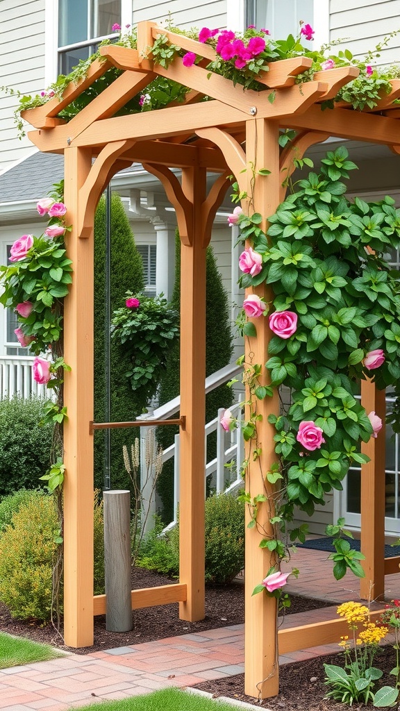 A wooden arbor with pink roses and greenery, enhancing the front yard landscaping.
