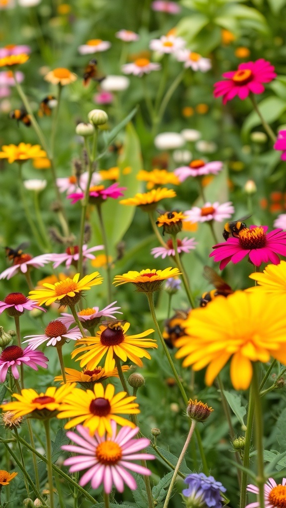 A colorful cut flower garden filled with various flowers attracting bees and pollinators.