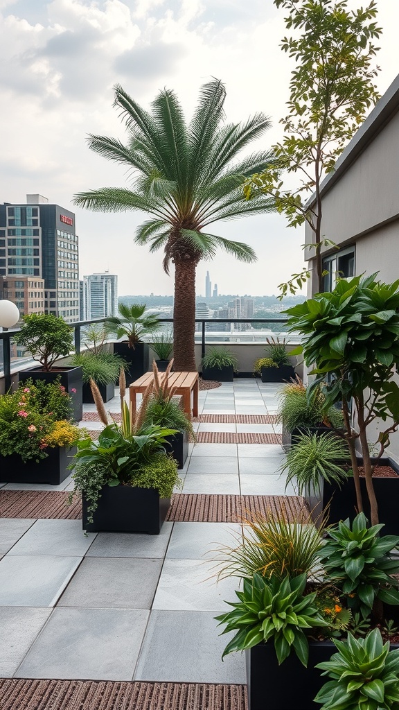 A rooftop garden featuring a mix of hardscape and softscape elements, including gray tiles, wooden bench, and various plants.