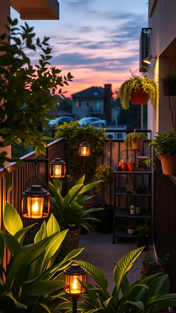 A cozy balcony garden illuminated by warm lanterns at sunset