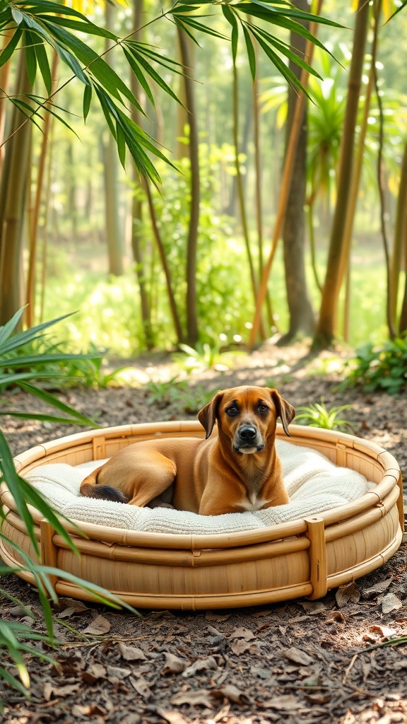 A dog resting on a bamboo dog bed in a natural setting
