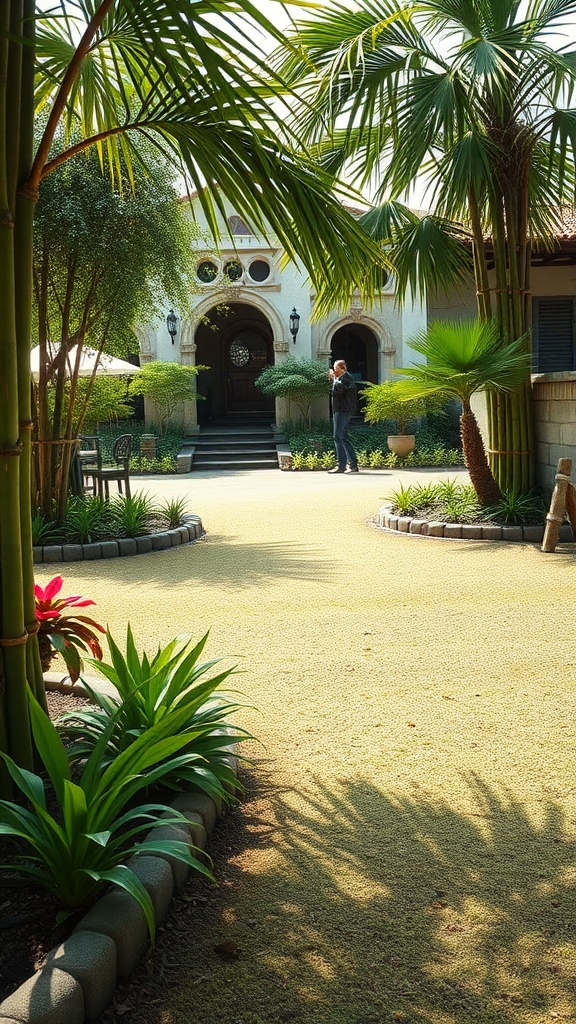 A garden featuring bamboo edging, with lush greenery and a pathway.