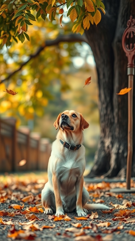 A dog sitting on fallen leaves under a tree, looking up as autumn leaves fall around it.