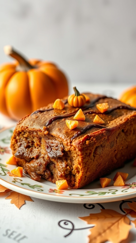 A delicious beef and pumpkin dog cake decorated with small pumpkins on a plate.