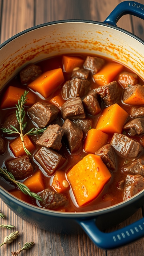 A pot of beef and sweet potato stew simmering with chunks of meat and vegetables.