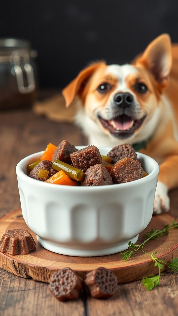 A bowl of beef and vegetable stew bites for dogs, with a happy dog in the background.