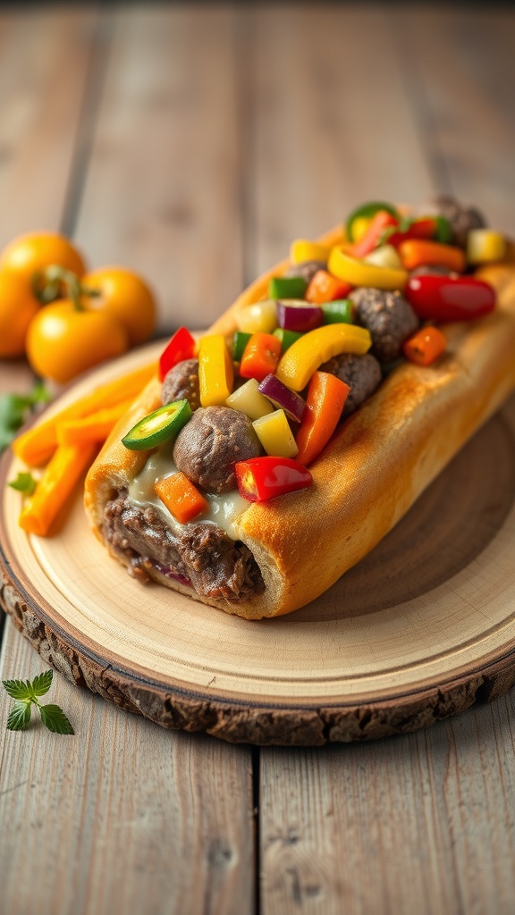 A delicious beef and veggie cake for dogs, topped with colorful peppers and served on a wooden platter.