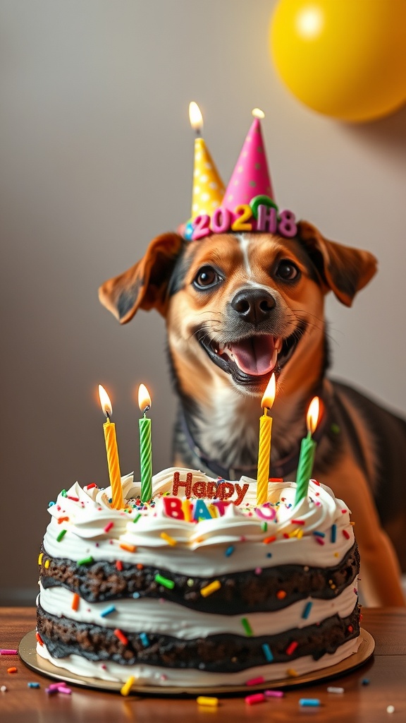 A happy dog wearing a party hat next to a birthday cake with candles and colorful sprinkles.