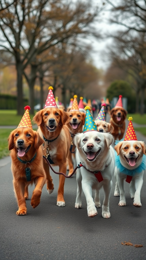 A parade of dogs wearing colorful party hats, walking happily down a path.