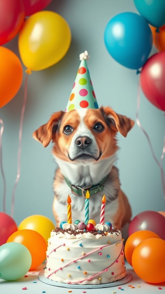 A dog wearing a party hat in front of a birthday cake with colorful balloons