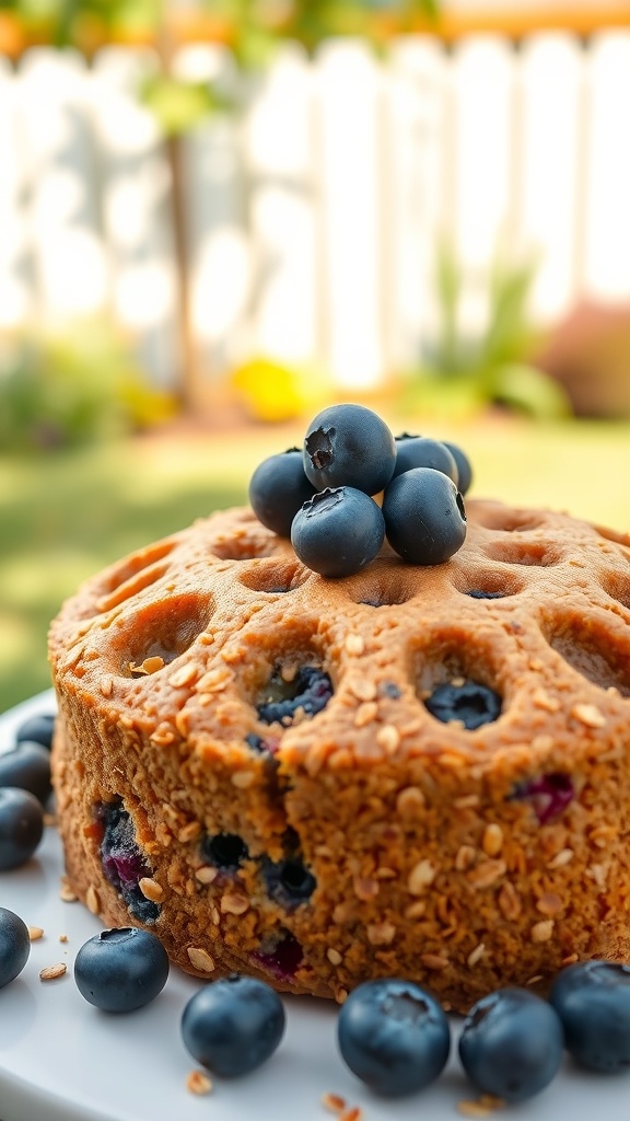A delicious blueberry and oat cake decorated with fresh blueberries on top, perfect for a dog's birthday celebration.