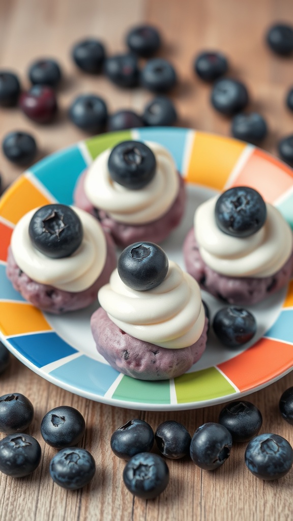 Colorful plate with blueberry and yogurt drops topped with fresh blueberries, surrounded by more blueberries.