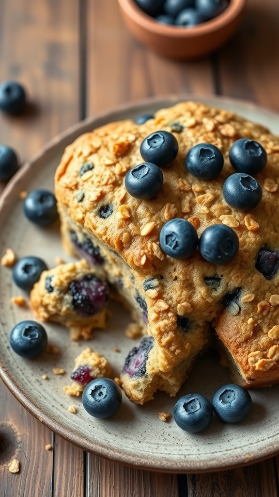 A delicious blueberry oatmeal dog cake topped with fresh blueberries on a plate.