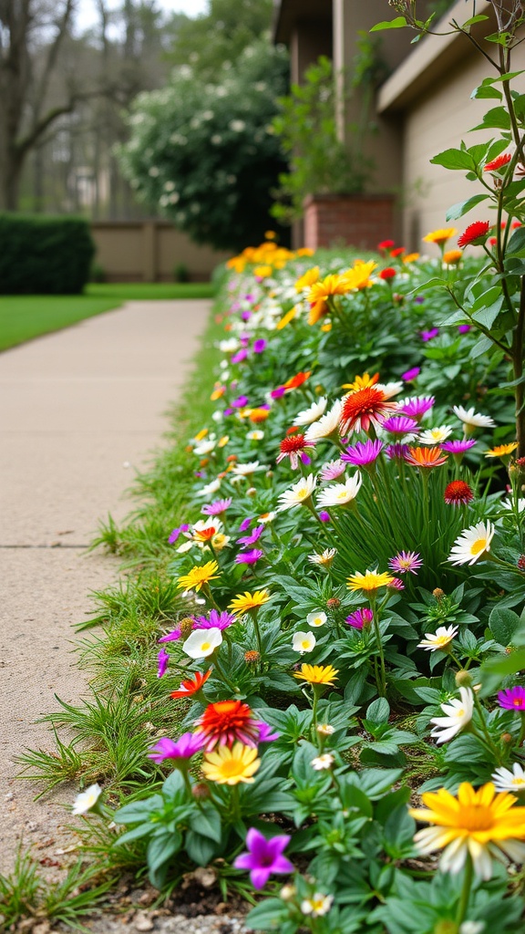 A colorful border flower bed with various flowers lining a concrete pathway.