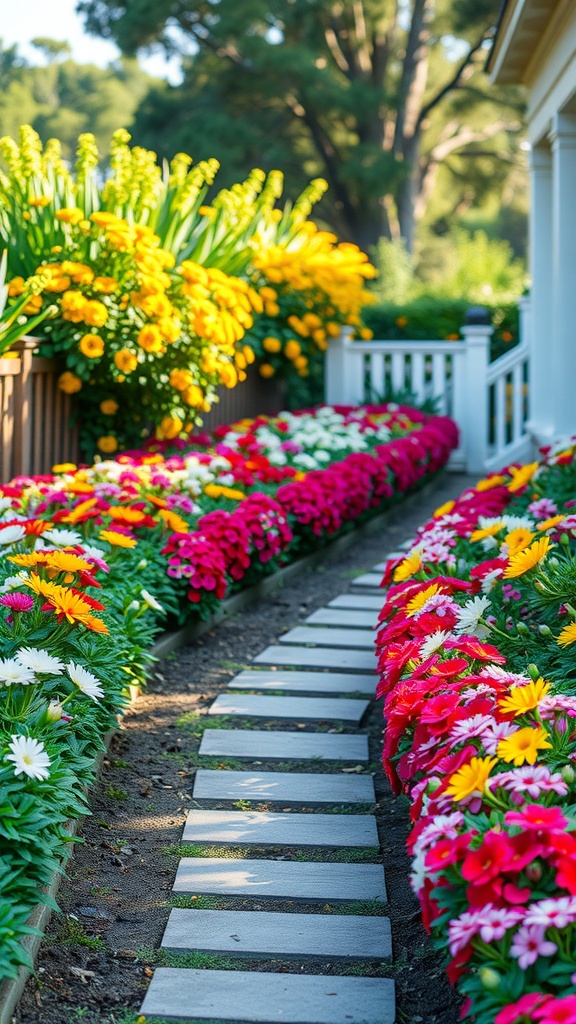 A vibrant flower bed with colorful flowers lining a stone pathway.