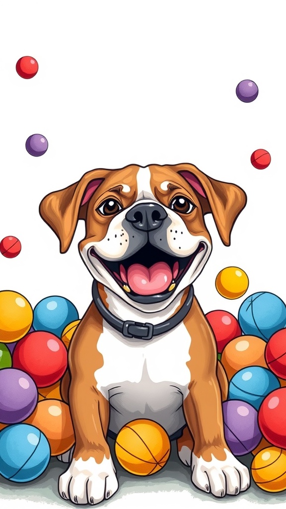 A happy Boxer dog sitting among colorful balls, smiling joyfully.