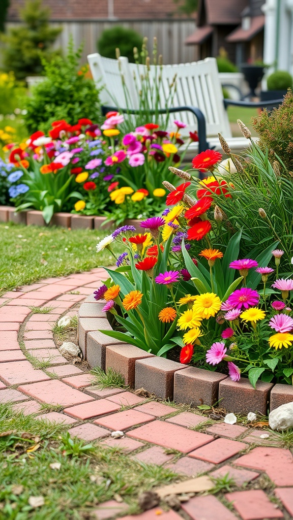 A flower bed with vibrant flowers bordered by brick edging, creating a neat and inviting garden space.