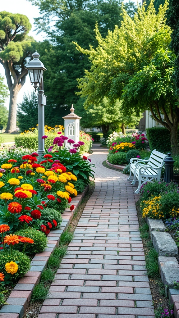 A beautiful garden path lined with colorful flowers and bordered by brick paver edging.
