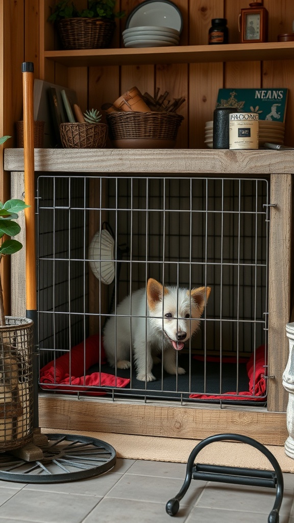 A cozy dog crate with a puppy inside, featuring a wooden frame and a red cushion.