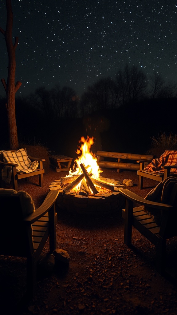 A cozy fire pit area with wooden chairs and a bright fire under a starry night sky.