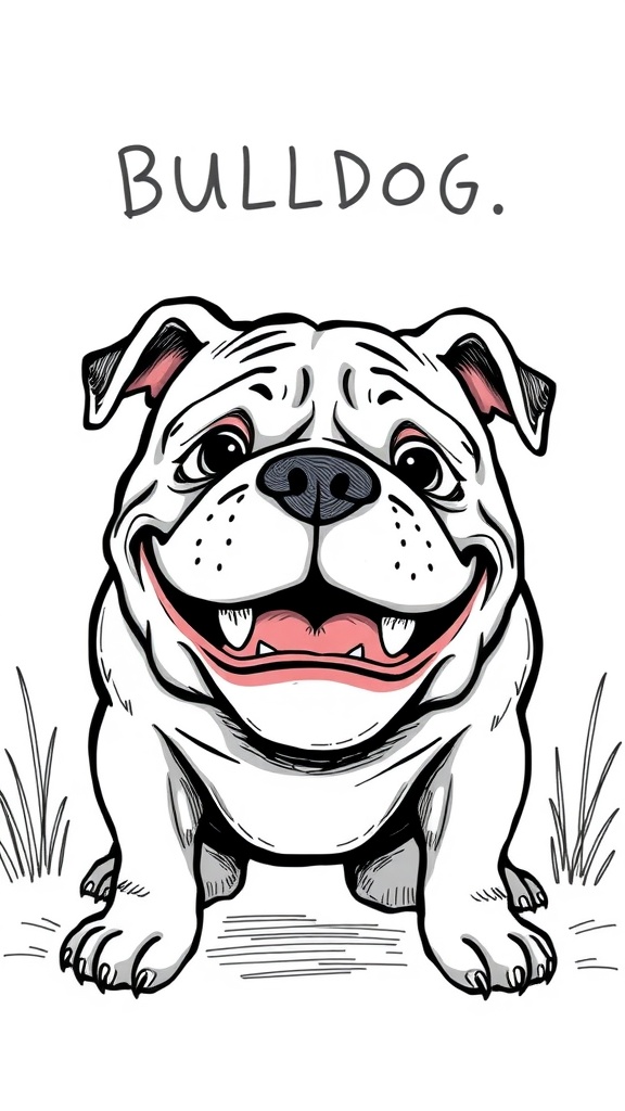 A comical drawing of a bulldog with a big smile