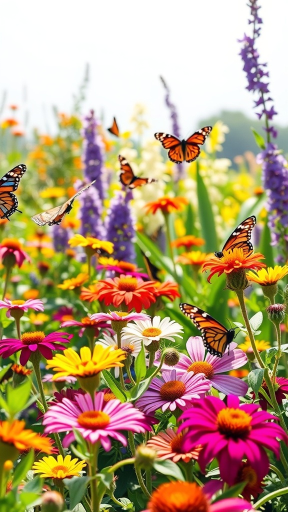 A colorful flower bed filled with various blooms and butterflies fluttering around.