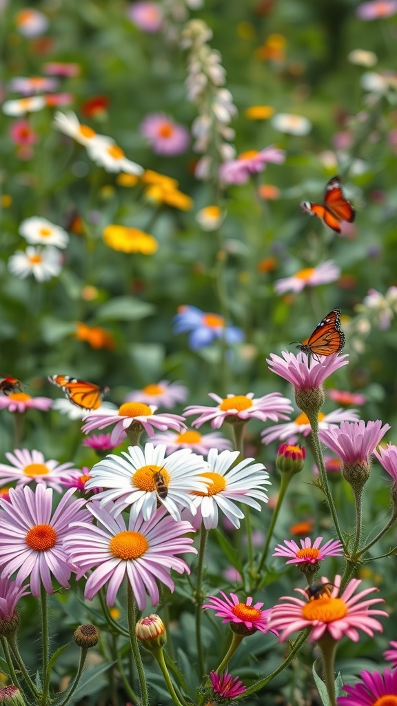 A colorful garden filled with daisies and butterflies, showcasing a vibrant pollinator habitat.