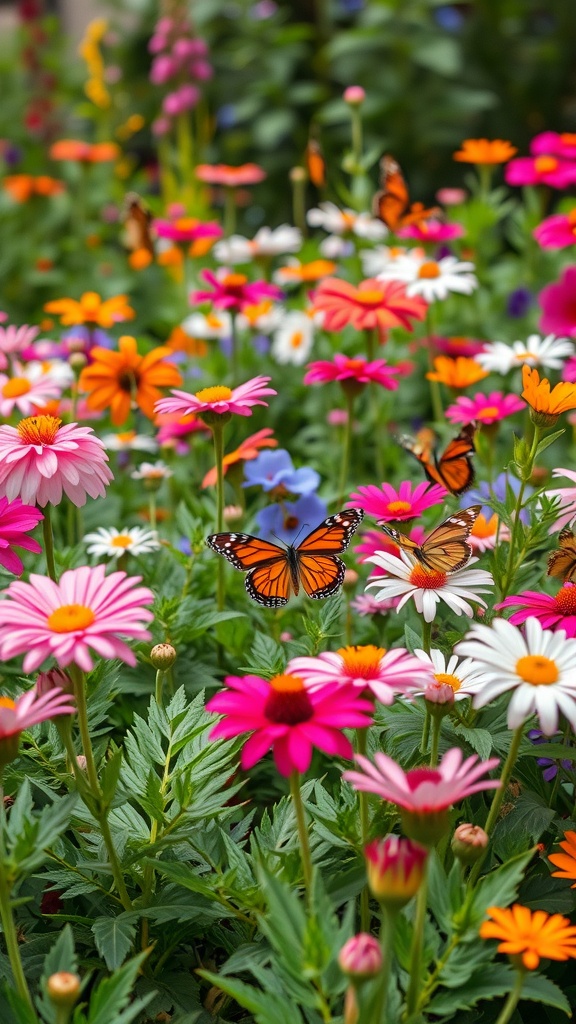 A colorful flower bed with various blooms and butterflies fluttering around.