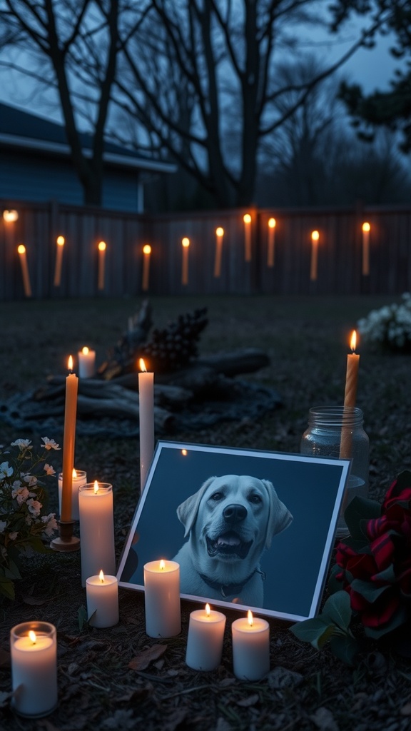 A candlelight vigil setup for a dog memorial, featuring a framed photo of a dog surrounded by lit candles and flowers.