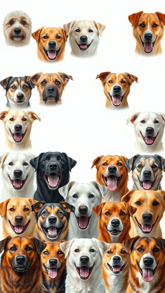 A collage of various dog faces showing different expressions, including happiness, curiosity, and seriousness.