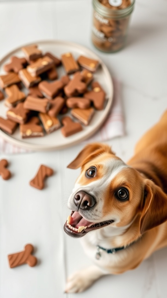 A happy dog sitting beside a plate of homemade carob and almond butter treats shaped like bones.