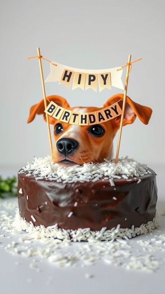A dog birthday cake featuring a dog's head peeking out, decorated with a 'HAPPY BIRTHDAY' banner and shredded coconut.