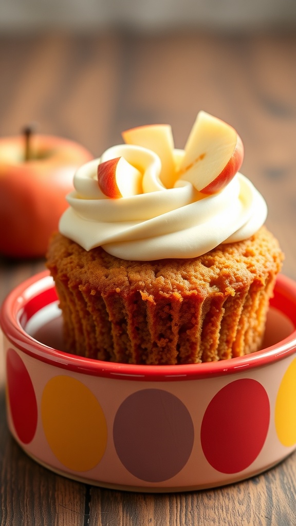 A delicious pupcake topped with apple slices in a colorful dish