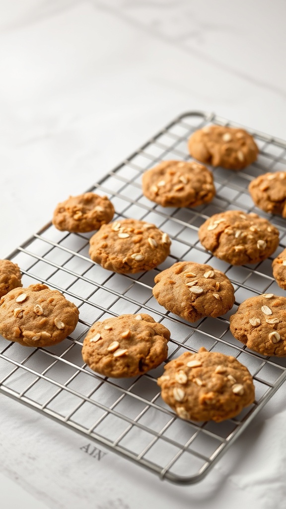 A cooling rack with freshly baked carrot and oat cookies for dogs.