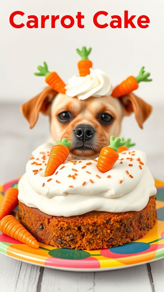A cute dog with a carrot cake decorated with carrots and cream frosting.