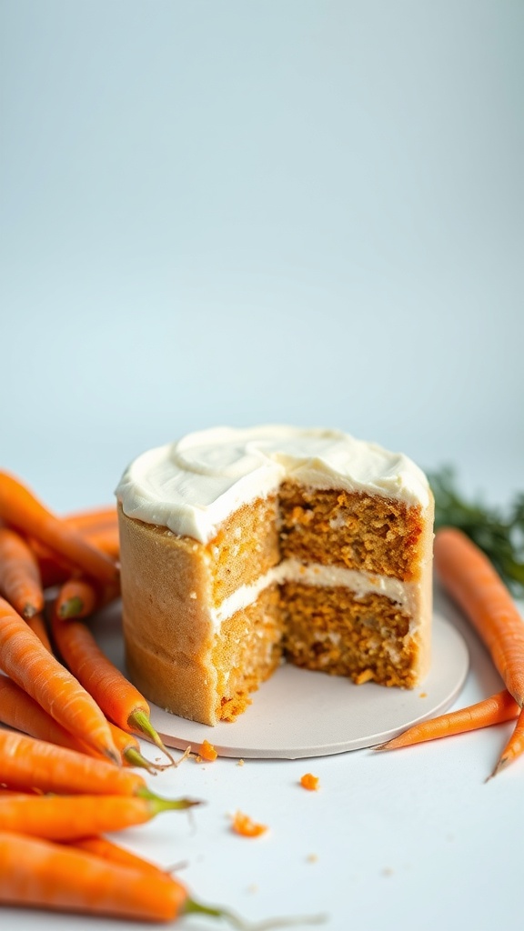 A delicious carrot cake for dogs, surrounded by fresh carrots.
